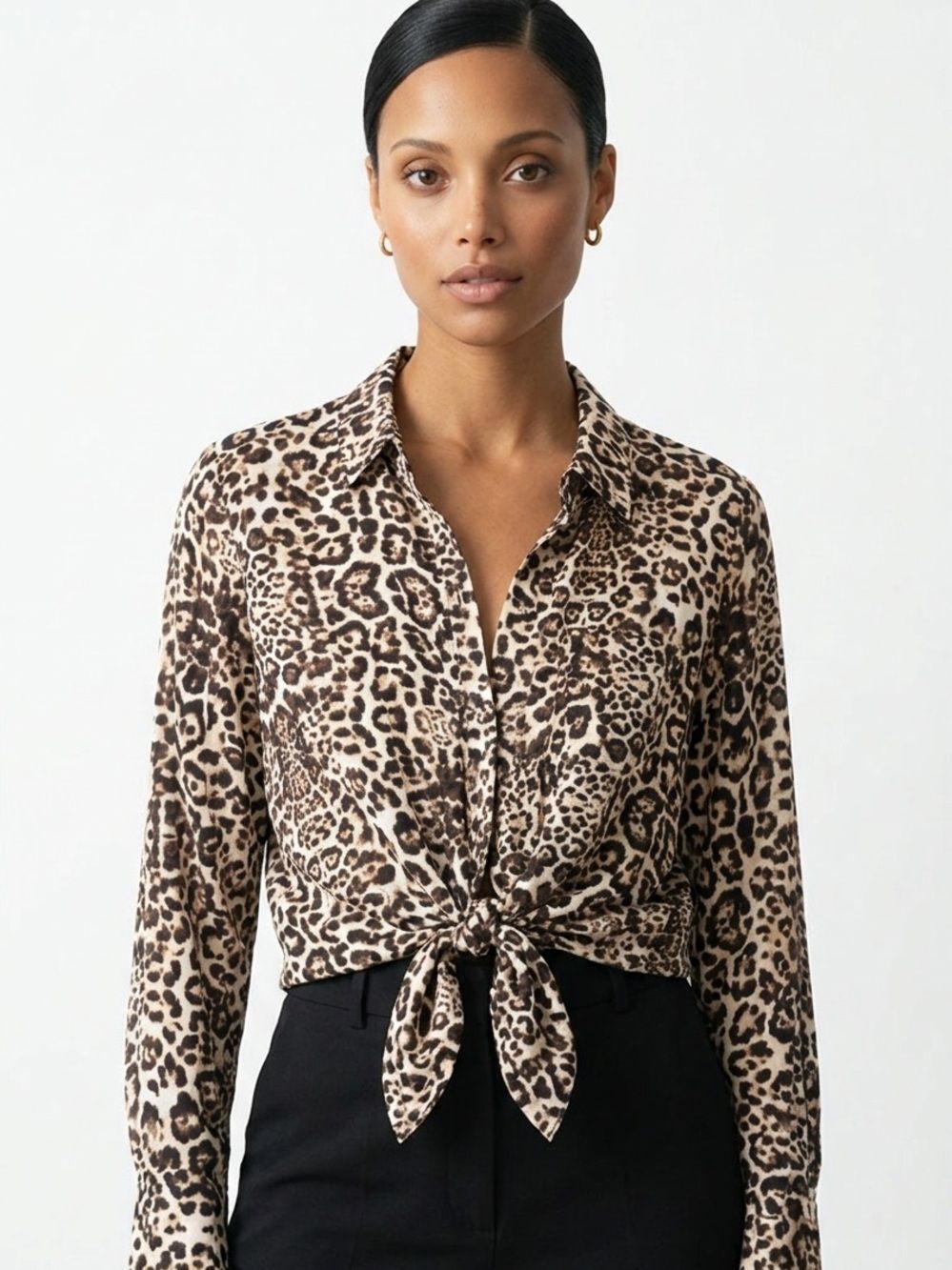 WHITE STAG | Animal Print Button Down Shirt Leopard Tie Front